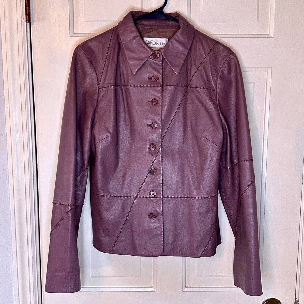 Worth Womens Pastel Purple Genuine Leather Patchwork Button Front Jacket Size 12 - Picture 2 of 12